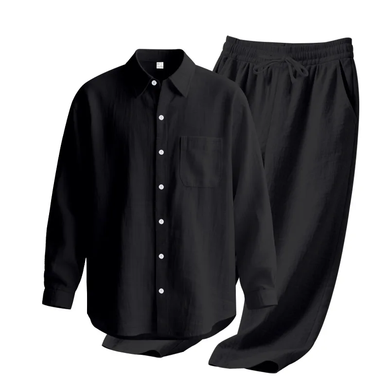 Men's Autumn Loose Trend Linen Solid Color Simple Lapel Long-Sleeved Shirt Beach Trousers Set