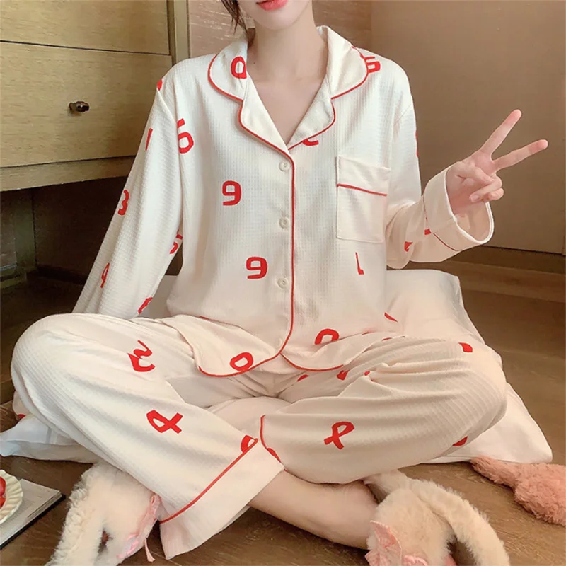 Spring Autumn Women's Waffle Jacquard Pajamas Lapel Long Sleeve Cardigan Pants Casual Home Clothing Set Sweet Cute Sleepwear