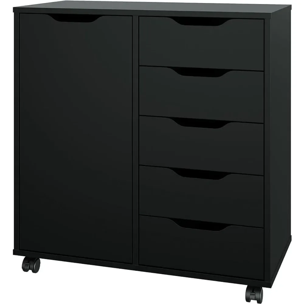 

5-Drawer Chest With 1 Door Storage Locker Wooden Chest of Drawers Storage Dresser Cabinet With Wheels Living Room Cabinets Shelf