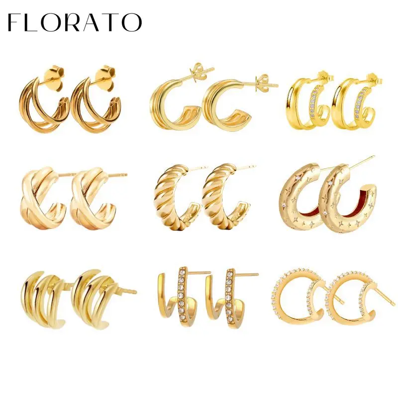925 Sterling Silver Ear Needle Twist C-shaped Earrings Various Metal Simple Piercing  C-Hoop Earrings For Women Fashion Jewelry