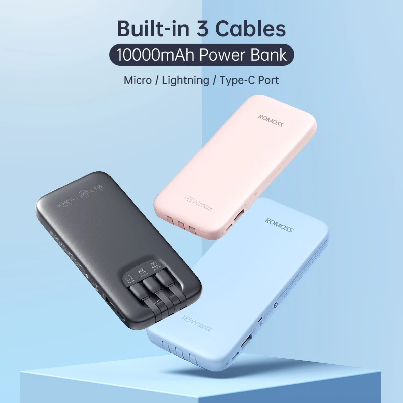 Nogen Atomisk blæse hul ROMOSS 10000mAh Power Bank Built in 3 Cables 22.5W Fast Charging External  Battery Portable Charger 10000 mAh Powerbank For Phone - AliExpress