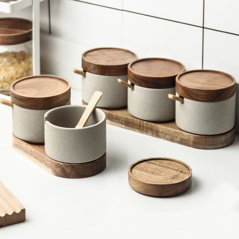Ceramic Storage Jars Wooden Lids Ceramic Storage Jar Spoon Kitchen