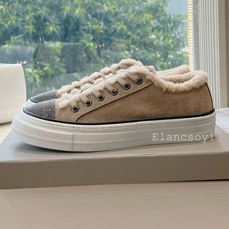 Autumn Winter Real Wool Lining Warm Flat Shoes Women Think Bottom Lace Up Casual Board Shoes Round Toe String Bead Walking Shoes 3