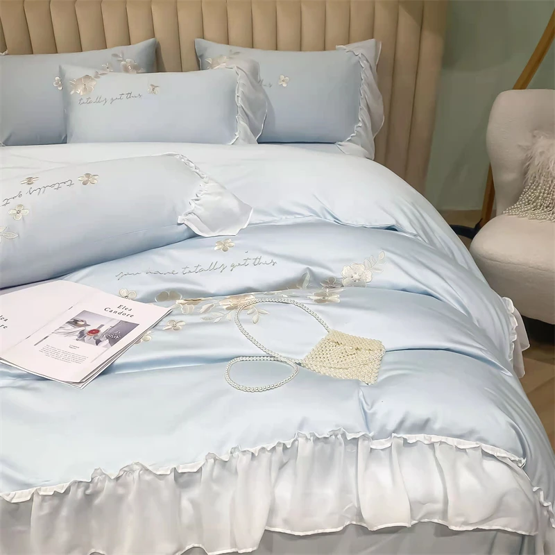 Waliicorners Lace Edge Quilt Duvet Cover Set Bed Linen Pillow Shams 1200TC Egyptian Cotton Silvery Flowers Embroidery Princess Bedding Set 33 Se4588ebcf4094dd59e63c97bac4277c1v