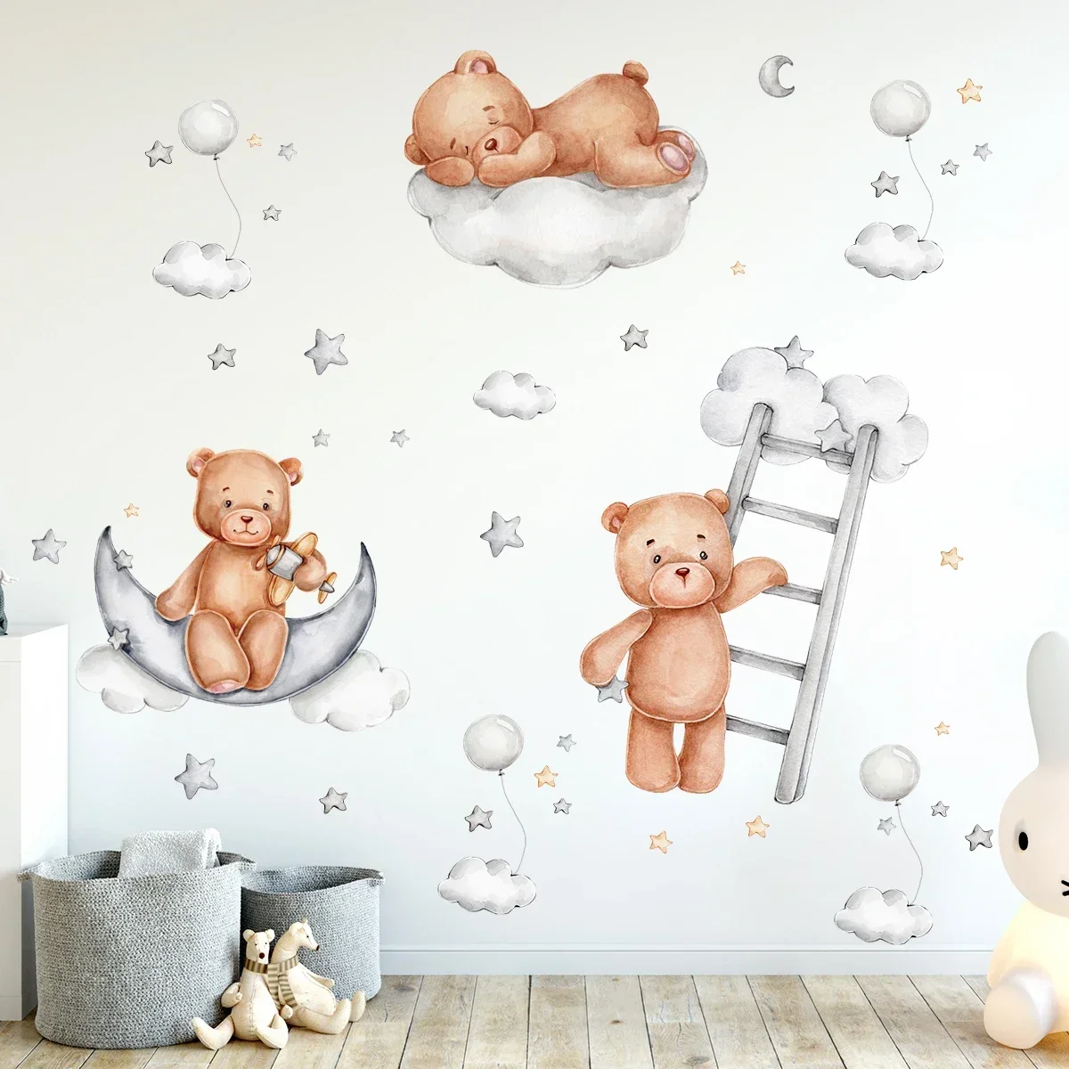 Cute Cartoon Bear Moon Stars Balloons Wall Stickers for Kids Room Bedroom Nursery Home Decoration 2pcs wall stickers