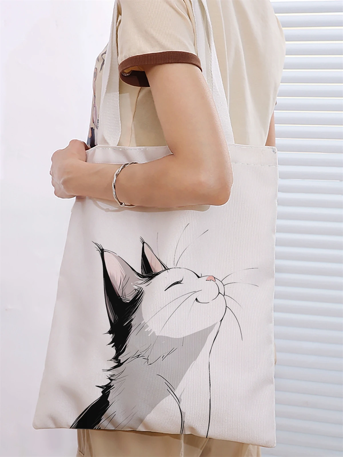 Cartoon cat print casual handbag, reusable fashion backpack, versatile tote bag, canvas shopping bag