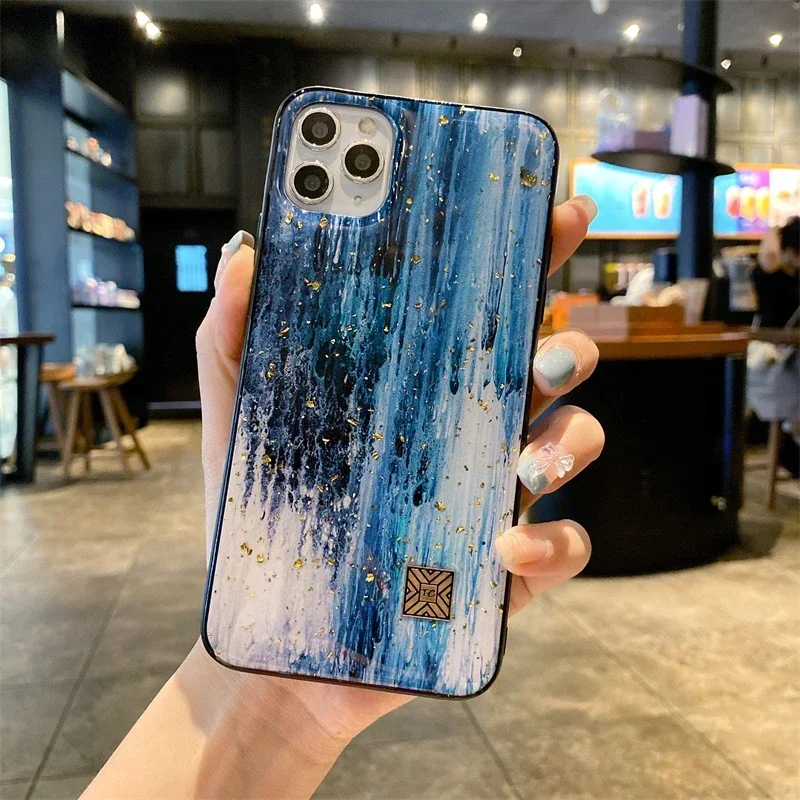 Luxurious Marble Silicone Epoxy Glitter Phone Case with Gold Foil Feather Design