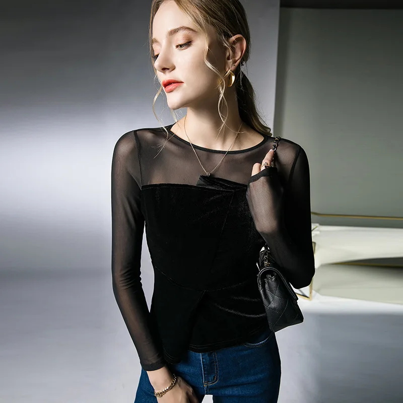 

High Quality 2024 Women Tops Gauze Splice T-shirt Female Clothing Winter Autumn Sexy Crop Top Clothes Casual Blouse Y2k Girl