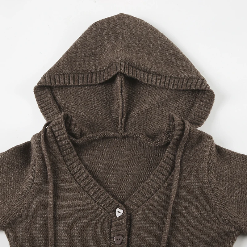 Y2K Brown V-neck Hooded Sweater Vintage Basic Slim Button Up Knitted Pullovers Autumn Casual Streetwear Outfits Lady