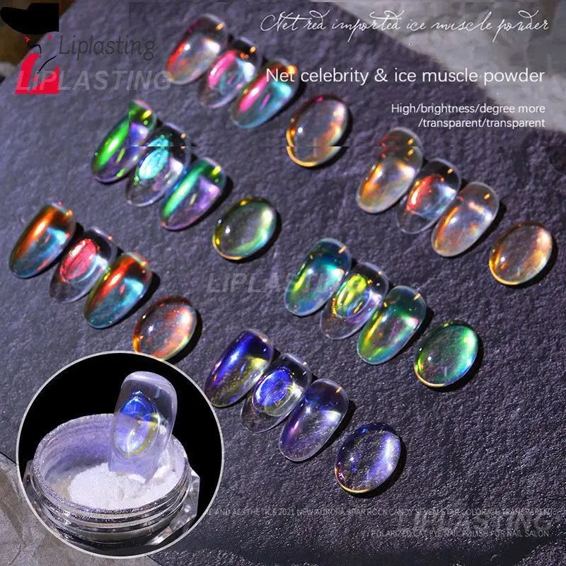 Aurora Nail Glitter Powder Ice Trasparente Muscle Multicolor Rainbow Uv Gel Pigment Chrome Nail Art Decoration