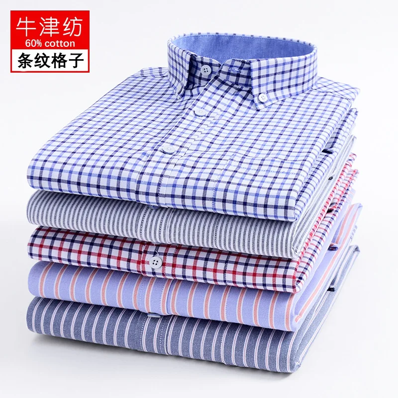 

New Cotton Non Ironing Casual Men's Long Sleeved with Wrinkle Resistance Slim Fit Checkered Stripe Shirt Formal Work Clothes