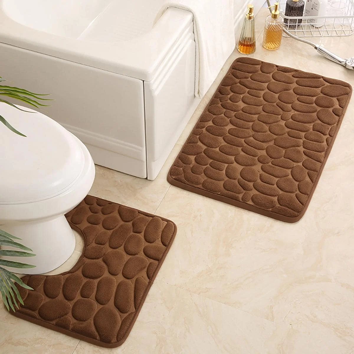 2PC embossed stone pattern toilet mat 5