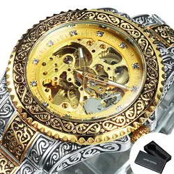 Vintage Engraved Skeleton Mechanical Watch with Rotating Bezel and Luminous Stainless Steel Strap (BOX GOLD GOLD)