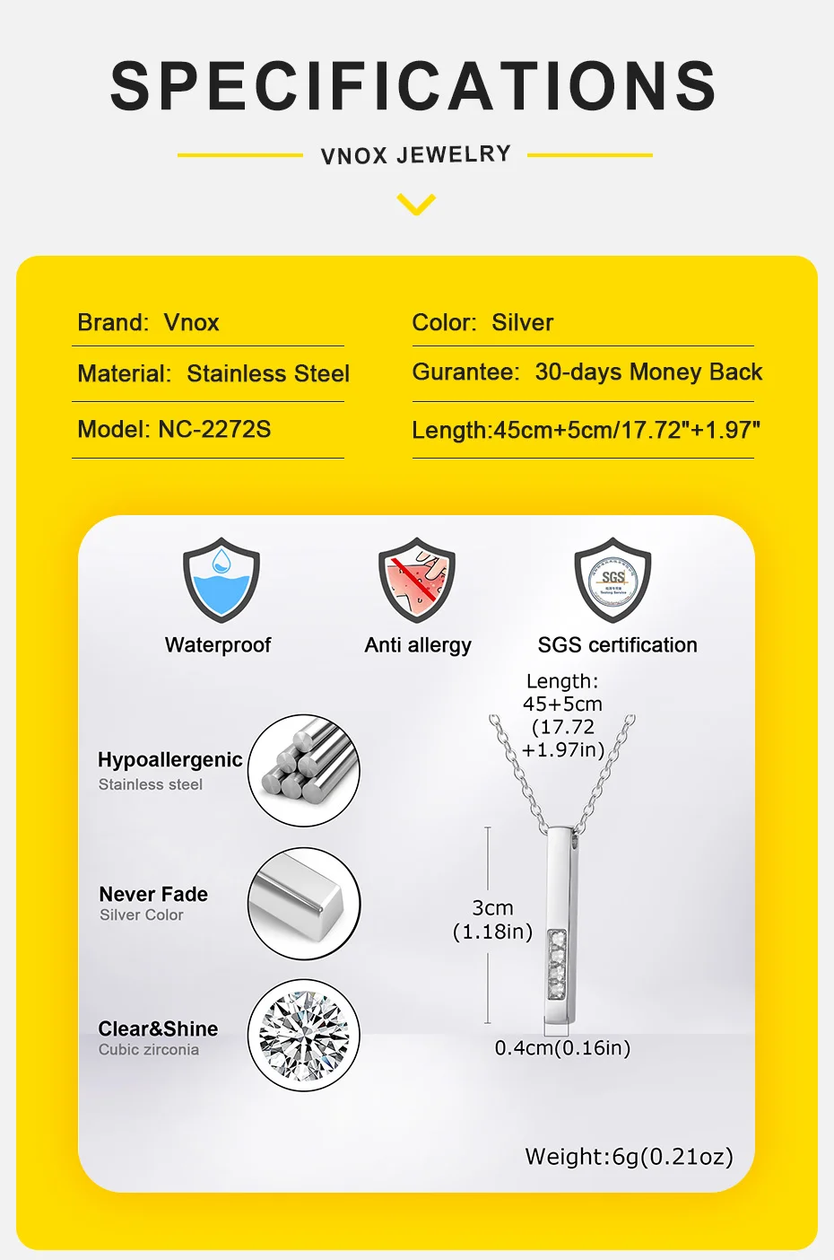 Vnox Vertikaler Stab-Anhänger aus Edelstahl mit weißen Zirkon-Halsketten für Männer, verstellbare O-Kette, schmaler Metall-Erkennungsmarken-Schmuck, neu – Detail 4