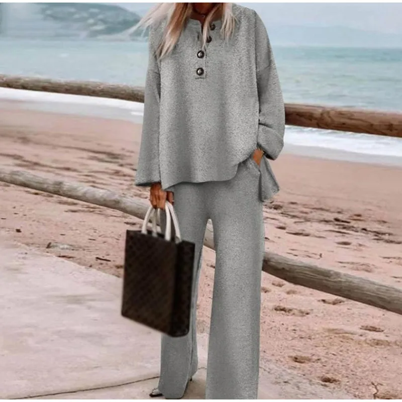 2022 Fashion Women Pant Sets 2 Pieces Spring Suits Casual Long Sleeve Solid Blouse Long Wide Leg Trousers Loose Matching Sets plus size jogging suits