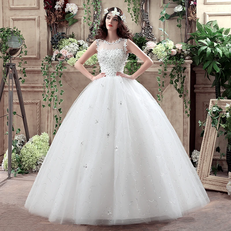 

Classic O-neck Women Wedding Dress Sweet Lace Applique Tulle Vestidos De Novia New Sleeveless Floor-length Suknia Slubna