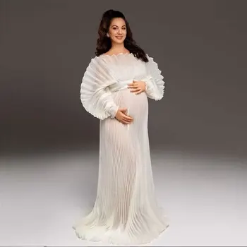 Fashion Organza Pleated Maternity Dress for PhotoShoot Pregnancy White Dress Plus Size Photography and Maternity Dresses YEWEN