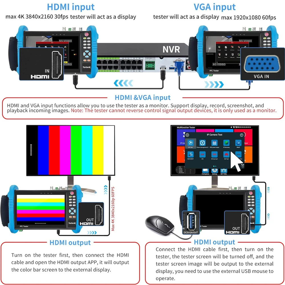 Noyafa 7inch CCTV IPC Tester 8MP AHD CVI TVI SDI Camera Tester VGA HDMI Input IPC716ADHS Camera Security Monitoring Cable