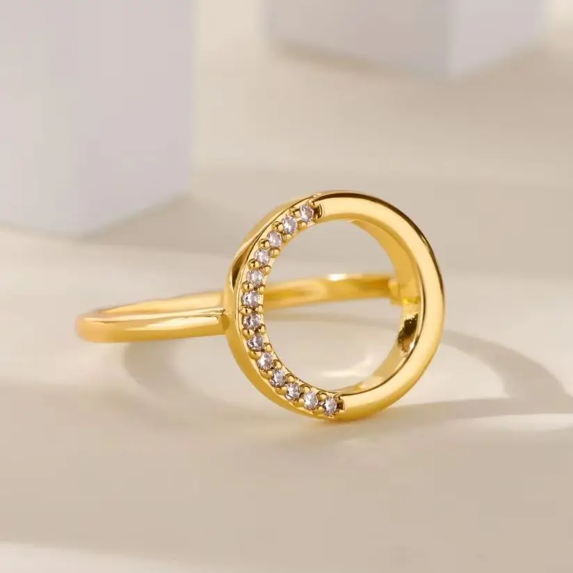 Zircon Geometric Round Ring 18K Gold Plated Stainless Steel Luxury