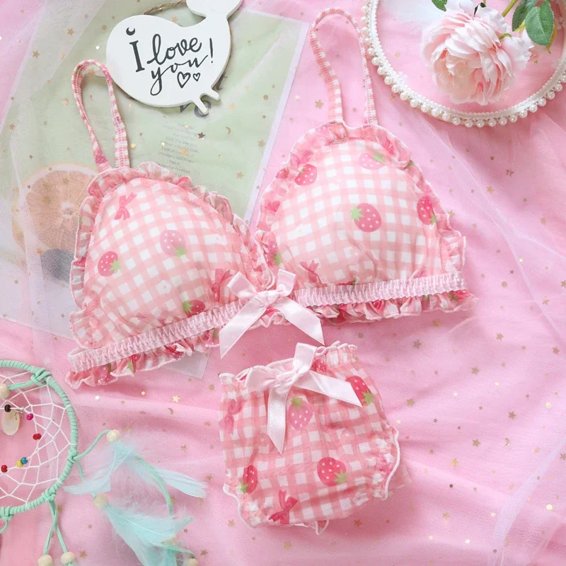 Lolita Underwear Lace Lingerie with Briefs Girl Bra Set Student Sexy Panties Wire Free Bra Bralette Lingerie