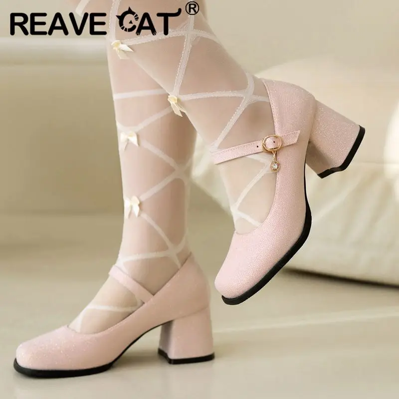 

REAVE CAT Brand Women Pumps Square Toe Chunky Heels 6cm Buckle Strap Concise Daily Soft Breathable Female Shoes Plus Size 42 43