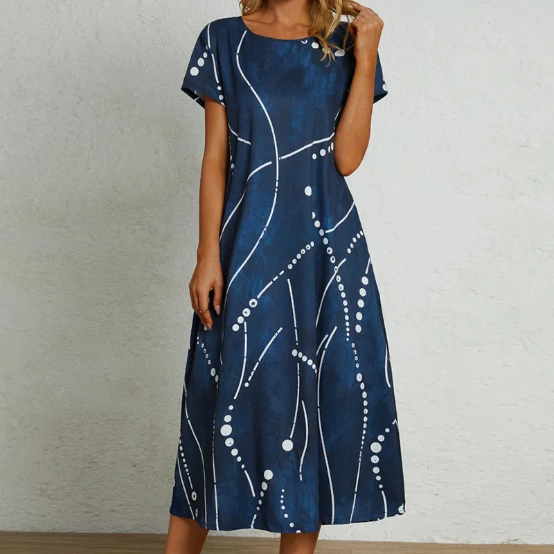 

Summer New Loose A-line Short Sleeve Printed Dress 2023 Women's Fashion Long Dress Casual Pocket Splice Big Swing Robe Femme