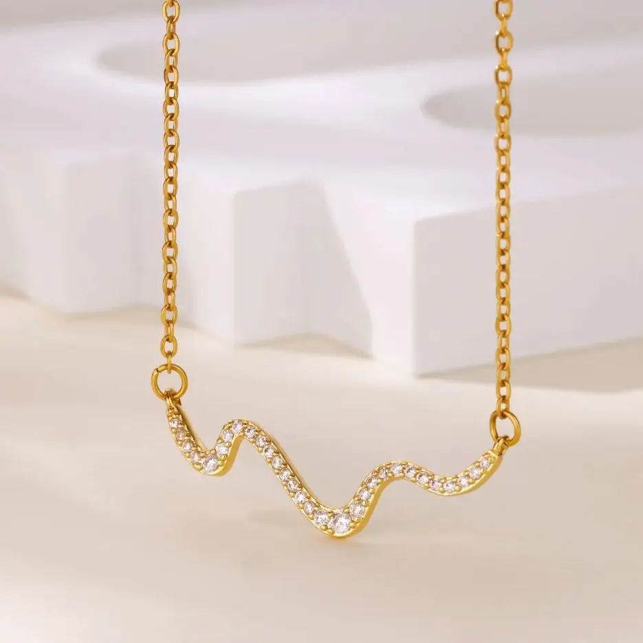 Zircon Waves Necklaces For Women Gold Color Geometric Waves Choker Necklace