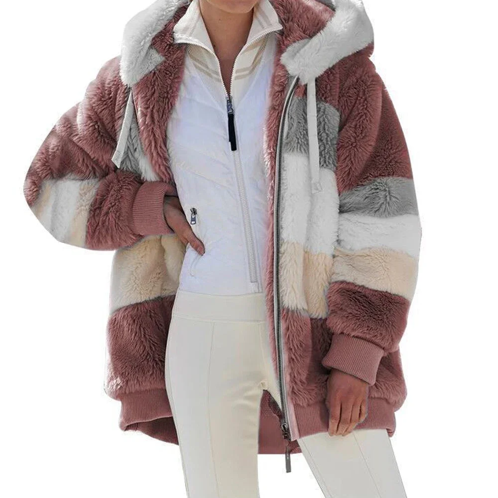 Oversized Jacket for Women Coat 2024 Autumn Winter Warm Plush Pocket Hooded Streetwear Loose Lady Zipper Cashmere Outerwear Coat 3