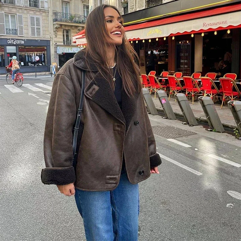 Vintage Women's Leather Jacket Loose Thick Warm Lapel Single Breasted Long Sleeve Fleece Jacket Fall Winter Street Outwear