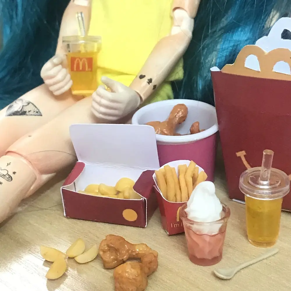 NEW 1/6 Scale Dollhouse Miniature Fried Chips Chicken Leg Ice-cream Orange Juice Mini Fast Food for Doll House Kitchen Play Toys 3