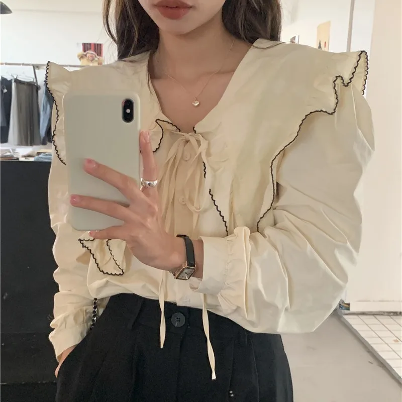Real Shot 2024 Spring New Sweet Heavy Industry Wooden Ear Stitching Large Collar Shirt Women's Top Rihgdss