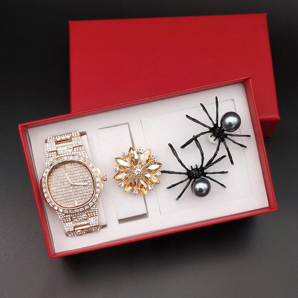 Fashion Luxury Watch Crystal Quartz Female Watch Steel Dress Watch  Zegarek Damski with Women Crystal Big Flower Ring Earrings