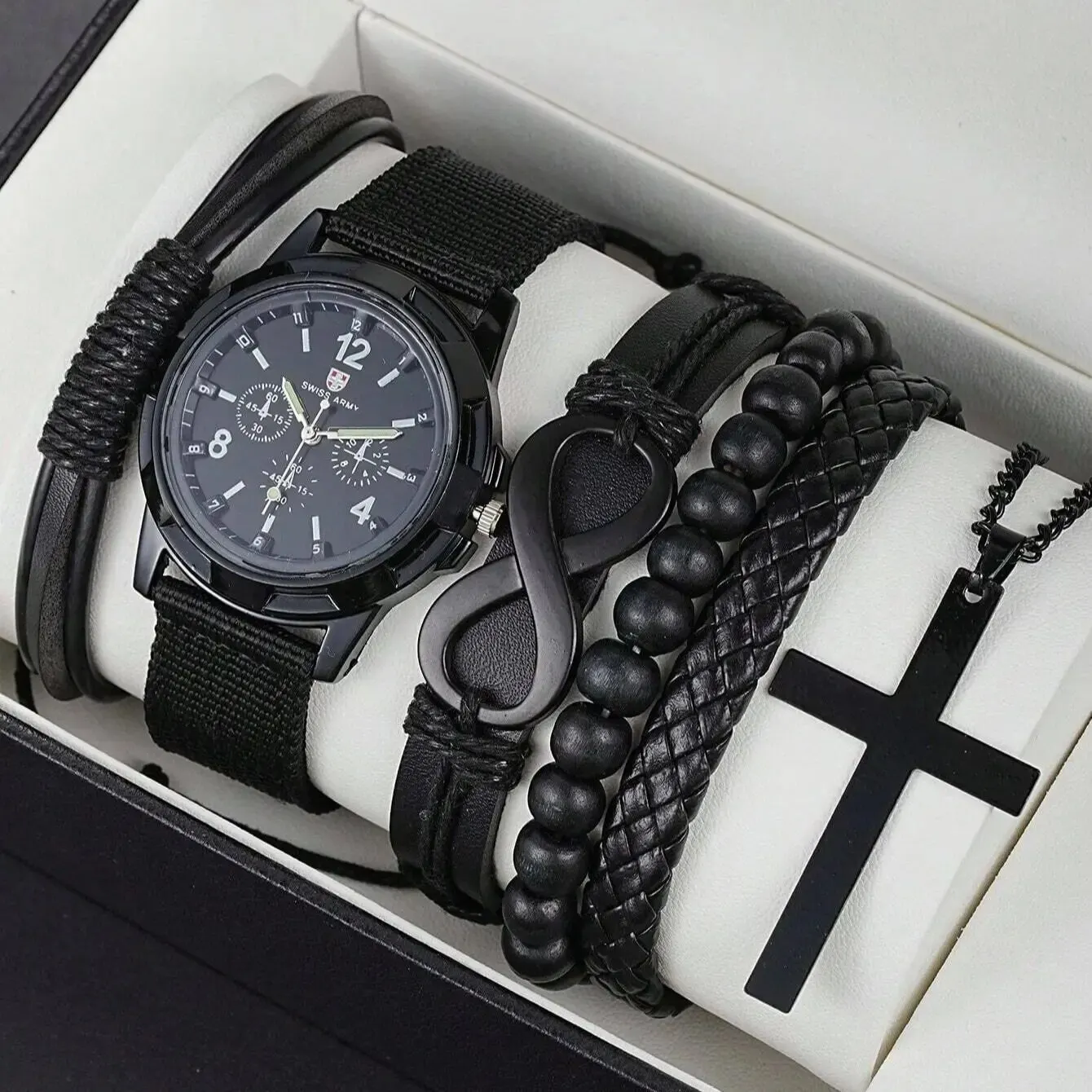 6pcs_Set Jewelry Sets Fashionable Pu Leather '8' Shape Beaded Bracelet Mechanical Watch Cross Pendant Necklace Men
