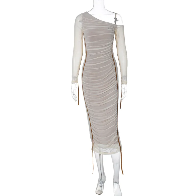 White Mesh Off-Shoulder Maxi Dress Female Long Sleeve Patchwork Fashion Contrast Summer Backless Ladies Party Long Dress