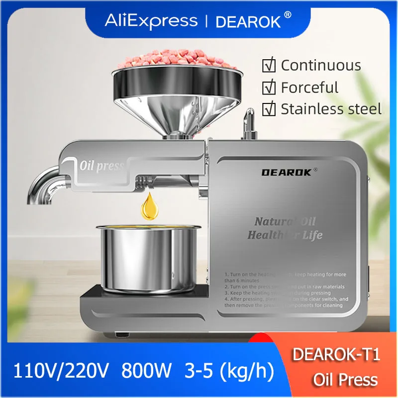 DEAROK-T1 110V/220V Household Oil Press Intelligent Stainless Steel Oil Extractor Small Stainless Steel Sunflower 800W
