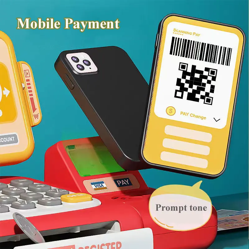 Pretend Play Calculator Cash Register Toy Supermarket Shop Cashier Registers with Scanner Microphone Credit Card Gifts for Kids 4