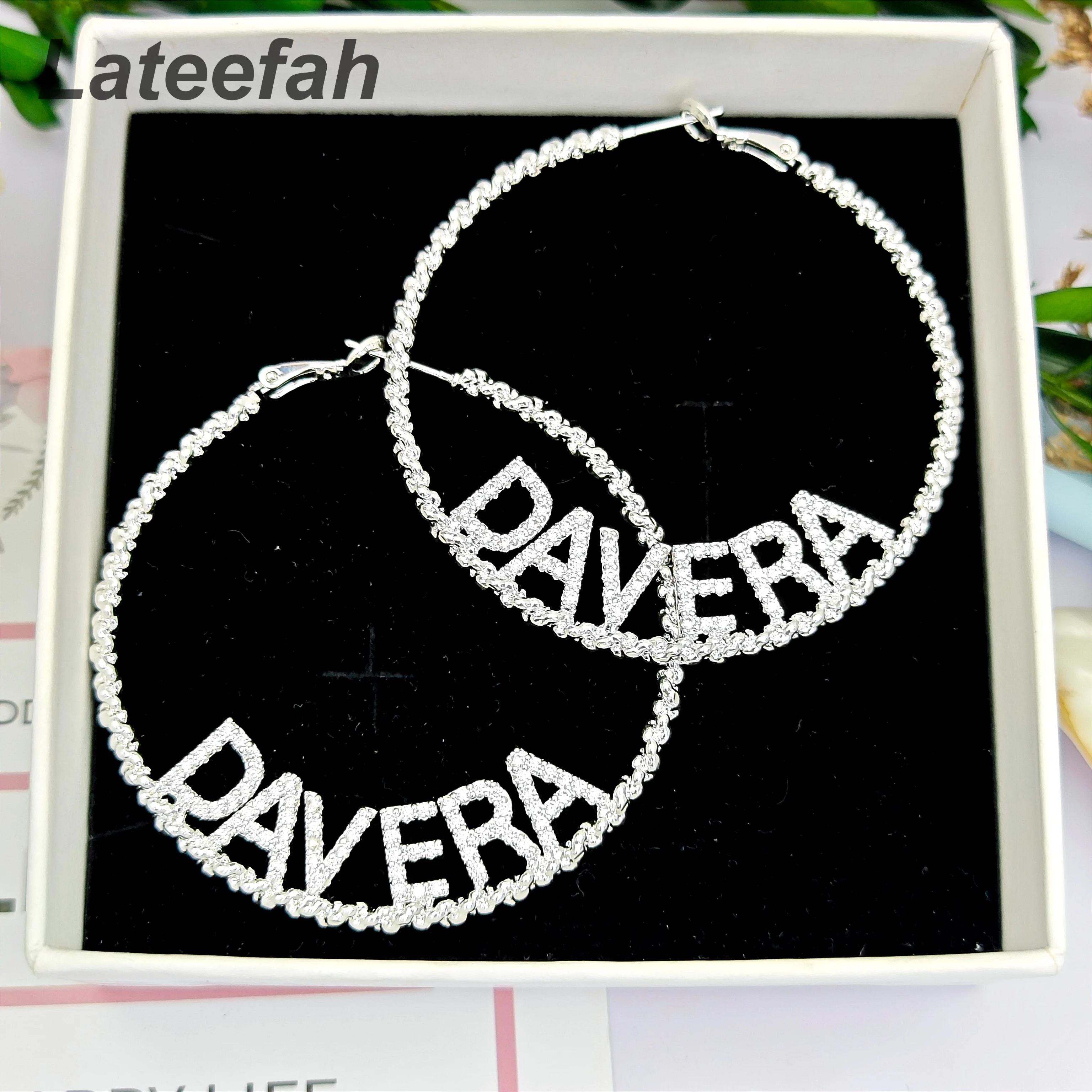 Lateefah Custom Women Name Plate Zircon Earring Hoop Wholesale 9mm Crystal Letters Customized Name Hoop Name Earrings Gift