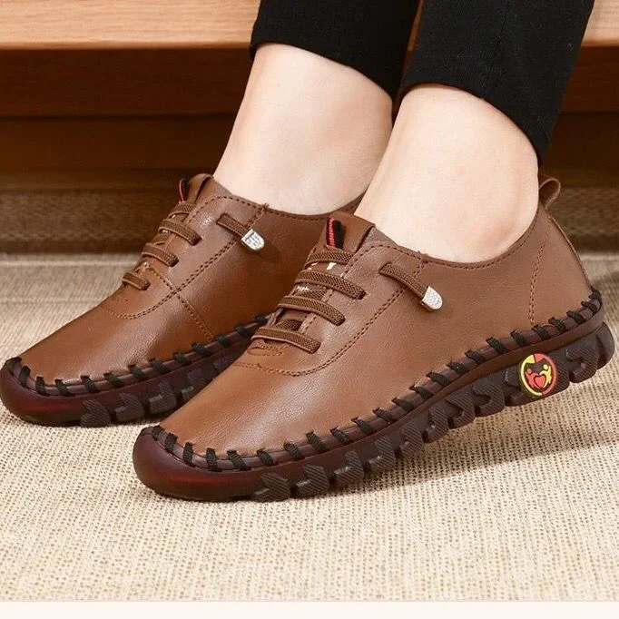Spring Casual Women Shoes Platform Loafers Lace Up Leather Flats Slip-On Mom Shoe