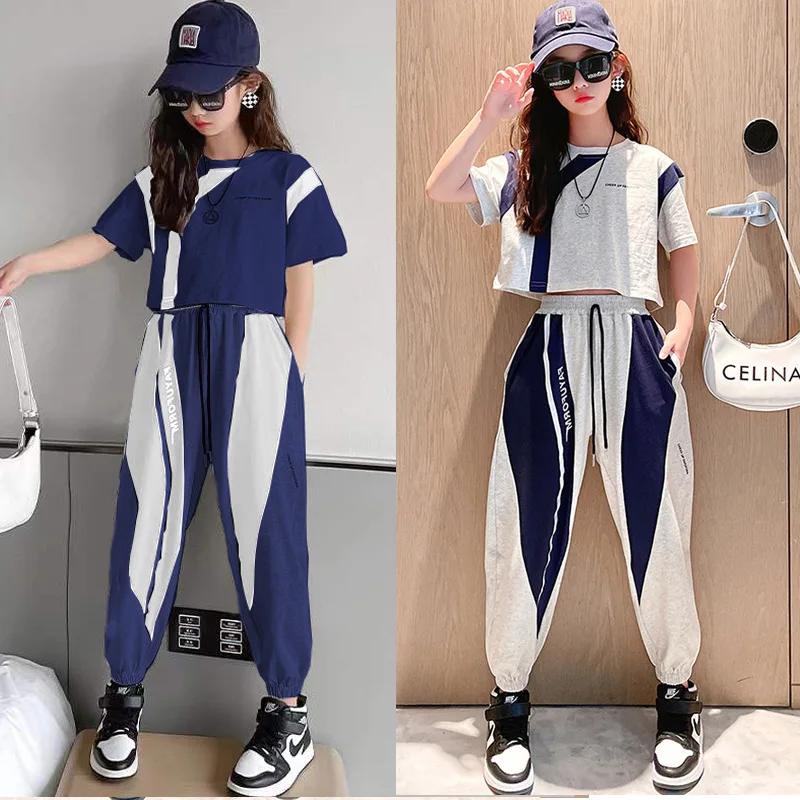 

Fashion Teenage 2023 Girls Clothes Sets Summer Kids Short Sleeve Shirts + Wide Leg Long Pants Children Clothing 8 10 12 14 Year