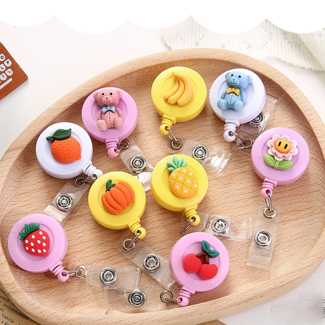 1pc Kawaii Cartoon Fruits Bear Retractable Pull Badge Reel Key Ring Chain  Clips Card Badge Holder