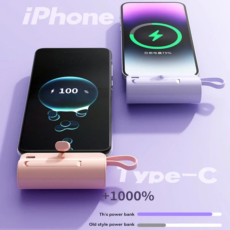 20000mAh Mini Power Bank Portable Built In Cable Type-C Lightning  Larger Capacity Charging External batteryFor IPhone Samsung