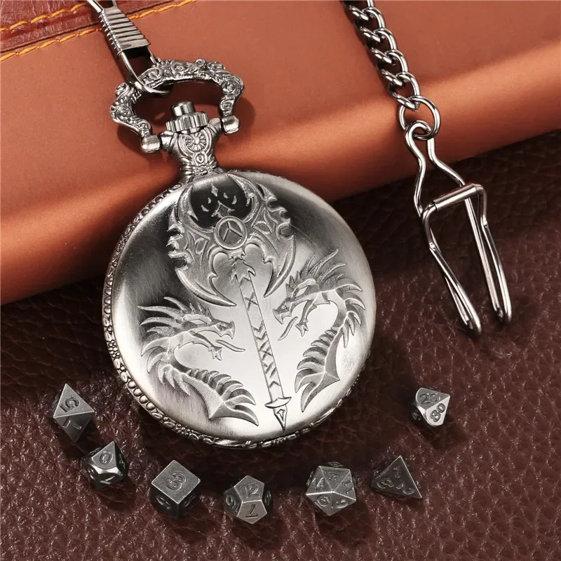Novel 7 X Metal Polyhedral Dice Set Table Role Play Gaming Accessory Double Draogn Axe Pendant Pocket Watch Case FOB Chain