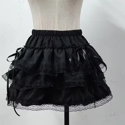 Black Lace Trim Layered Ruffle Mini Skirt Women Gothic Lolita Satin Bow Decor Elastic Waist A-line Short Skirt for Teens 2026 - Image 5