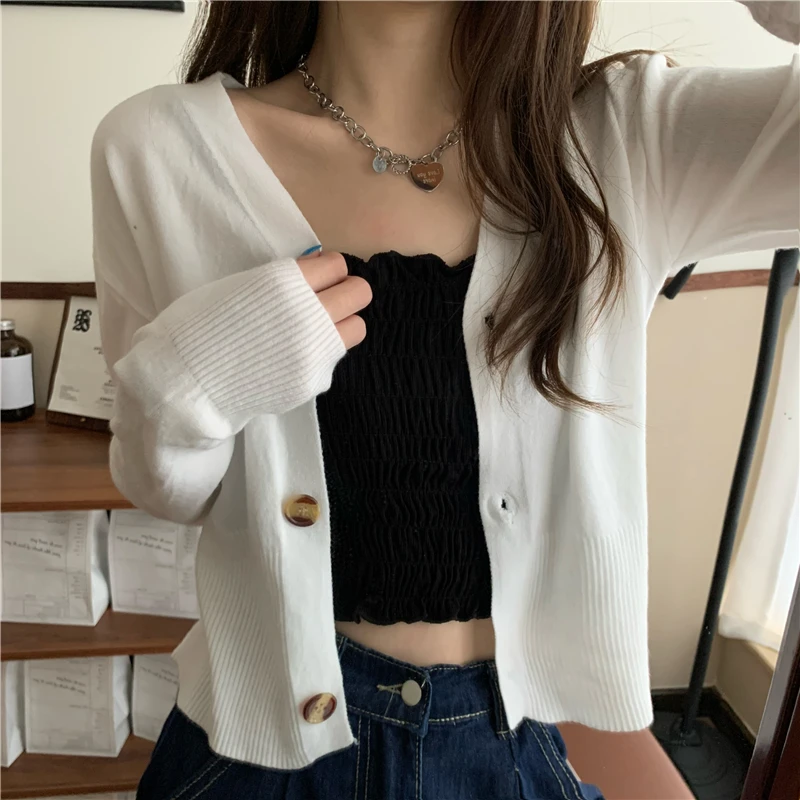 10 Colors Women V-Neck Knitted Sweaters Cardigans Lady Full Sleeve Soft Simple Cardigan Crop Top Female Knitwear woolen sweater