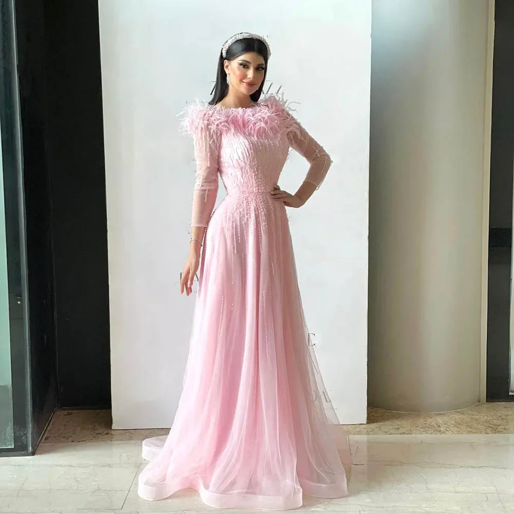 

Великолепное выпускное платье с бусинами и жемчужинами, розовое модное платье-трапеция с круглым вырезом, бахромой и перьями, длиной до пола, роскошное вечернее платье