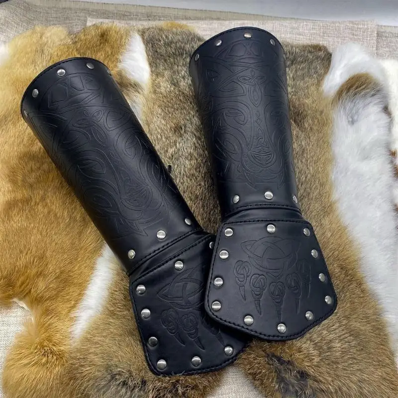 92ME PU Leather Knight Arm Gauntlets Bracer Bracer Medieval Embossed Arm Bracers Wristband Vintage for Men Women
