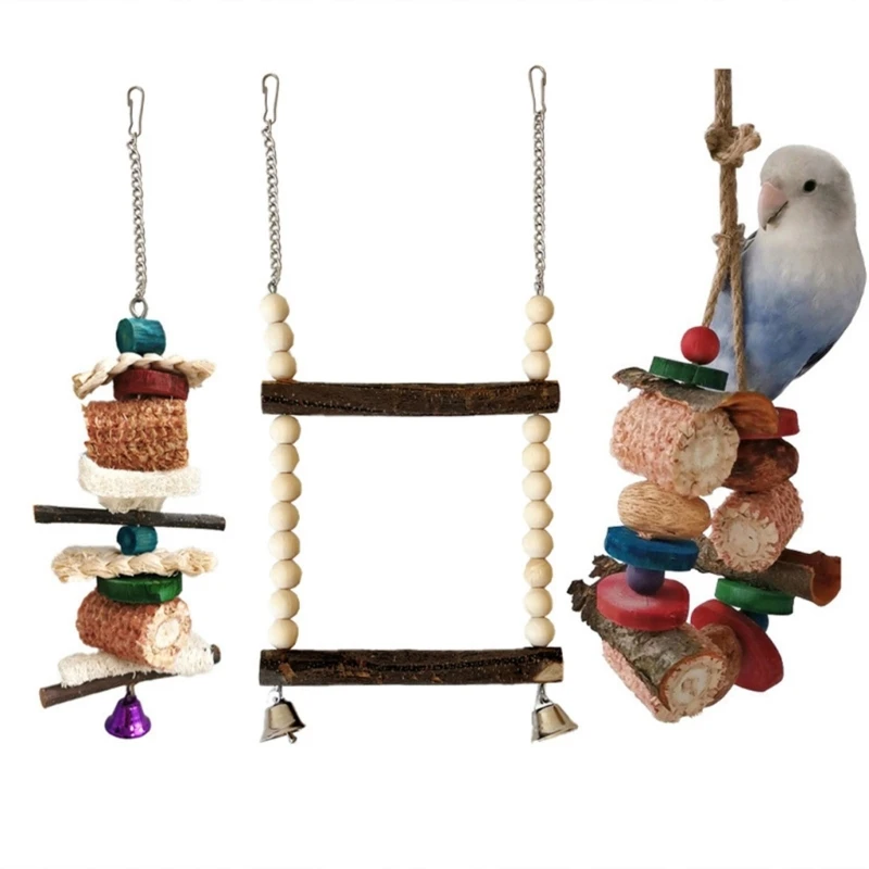 

3PCS Parrot Molar Swing Toy Hanging Bird Cage Toy Natural Wood Chewing Toy R7UB