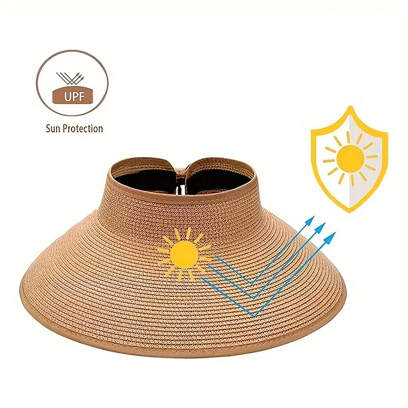 1pc Wide Brim Sunshade Straw Hat Foldable Bow Straw Woven Empty Top Hat Beach Mountaineering Travel Multi-purpose Sunshade Hat
