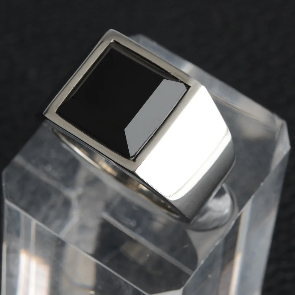 AsJerlya Trendy Men Square Black Stone Ring Stainless Steel Retro Signet Ring Rock Punk Male Jewelry Accessories Boyfriend Gifts 3