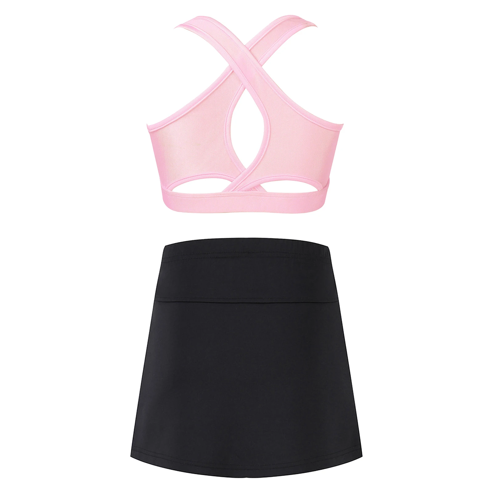Kids Girls Quick Dry Sports Suits Sleeveless U Neck Shoulder Straps Criss Cross at Back Crop Top with Side Slit Skort Skirt